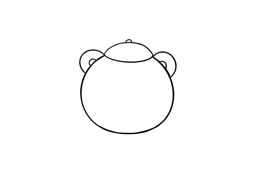 步骤2：小老虎的头部画一个大大的圆形就可以了，注意头部和帽子的前后遮挡关系。再简单画出两只圆圆的小耳朵，头部轮廓就画出来了。