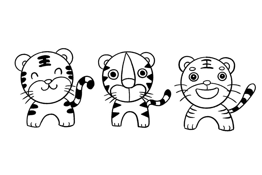 步骤10：我们给三个小老虎简单的画出身体部分，注意身体部分的斑纹要和头部的一致哦。