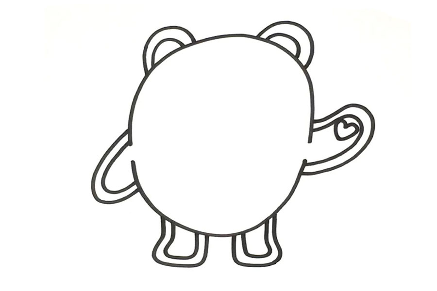 步骤3：然后在他的身体上画出耳朵和四肢，  记得要用双线画出“冰壳”  手掌上的图案是个“爱心