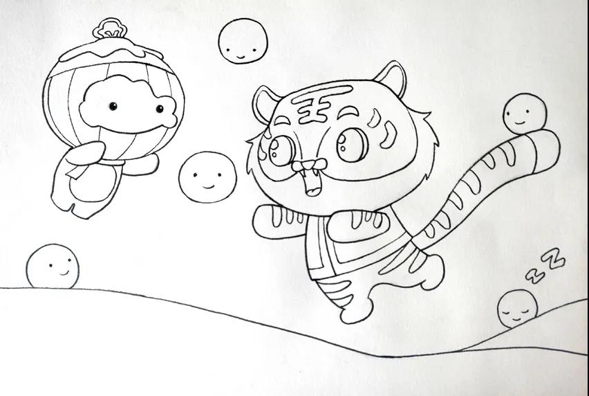 步骤3：然后我们在铅笔稿基础上，用勾线笔对画面进行勾线。