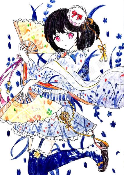 折扇少女儿童画