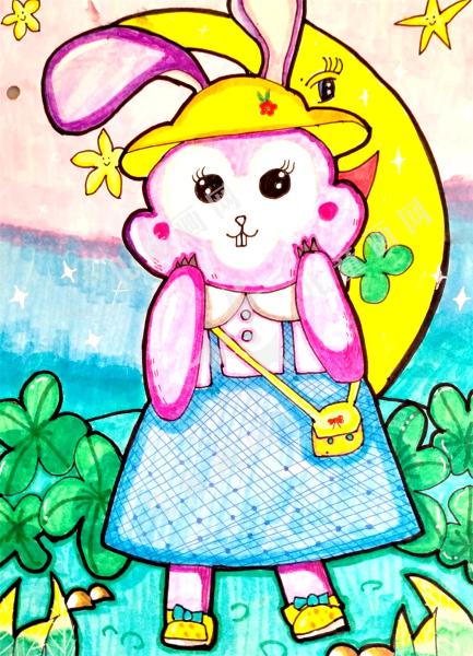 月光下的兔子儿童绘画