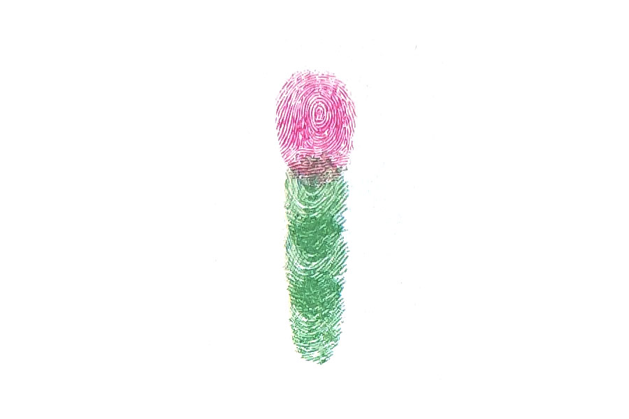 步骤2：伸出中指，蘸取颜料后按出蜻蜓的脑袋。