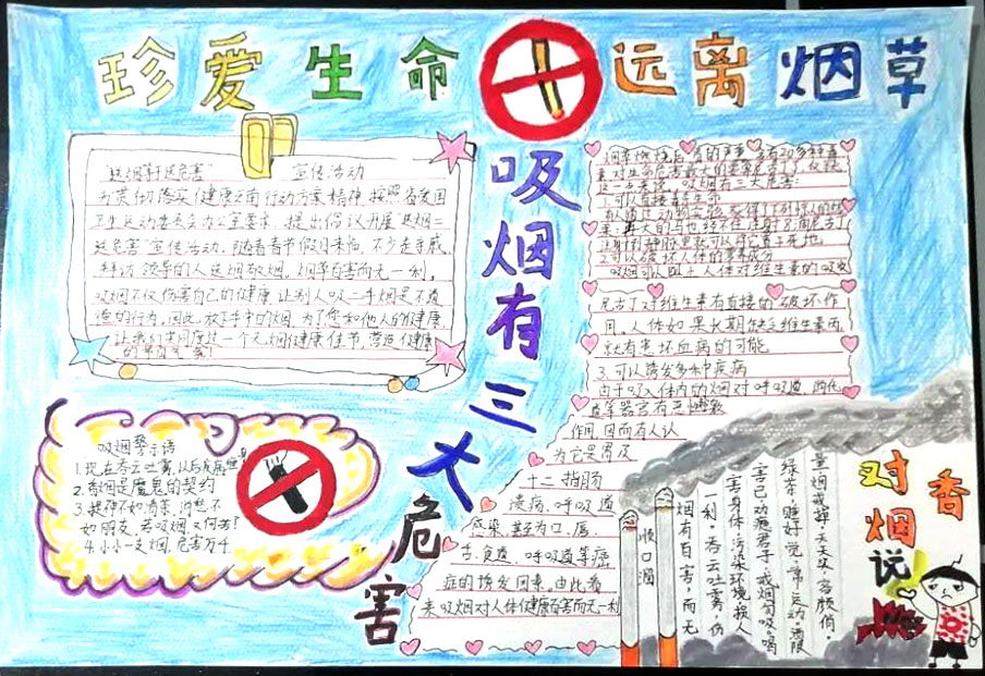 步骤1：作品名称：《珍爱生命，远离烟草》  介绍：各位评委，各位同学，大家好！今天为大家带来的作品是《珍爱生命，远离烟草》。说到烟草，它的危害可不小，它含有尼古丁。在我的作品里就提到了烟草的危害。烟草烟雾中60多种化学物是致癌物。吸烟的危害：1、吸烟和被动吸烟会引发多种心血管疾病，如呼吸道感染。2、吸烟影响人的消化系统健康，比如口腔癌、肠癌等容易发生，此外，不容易为人们重视的胃炎、消化道溃疡的发生也与吸烟有着密切的关系。  我在最上方还画了禁止吸烟的标志，在右下方，我画了两支正在燃烧的香烟，旁边的小人举起手来说：“NO!”。我还写了一个顺口溜，来告诫吸烟的人们，早日戒掉烟，迎接健康的生活在左边我写了四句吸烟的警示语，来劝诫吸烟的人。随着春日佳节的到来，走亲戚，访朋友的人们，难免都会用香烟来表达自己的诚意，可以“送烟等于送危害”，所以我想对这些人说，摒弃送烟敬烟等陈规陋习，以不吸烟、不敬烟等健康行为守护家人健康，营造健康自律的节日氛围。大力宣传不吸烟是文明行为，不让别人吸二手烟是社会道德行为，推动形成不在他人面前吸烟、勇于拒绝二手烟的良好社会氛围，让我们度过一个无烟健康佳节。