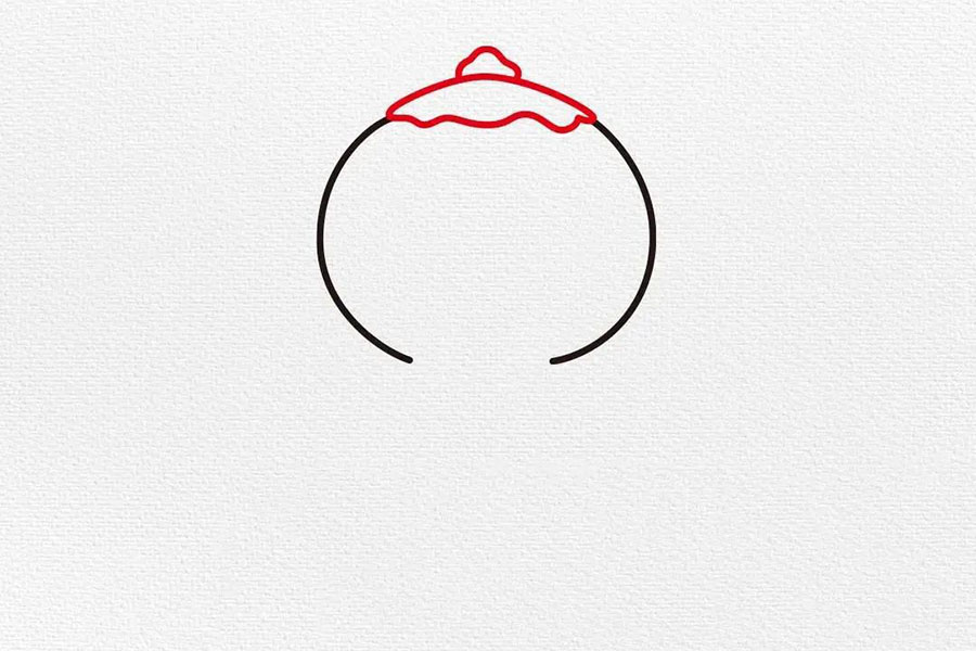 步骤2：在顶部画出不规则的弧线和头顶的如意环。