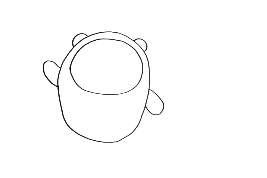 步骤2：画冰墩墩的脸部轮廓、耳朵和手。