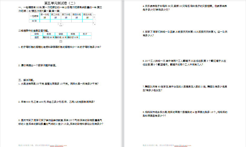 2021年苏教版三年级数学上册第五单元测试题及答案二-第1张