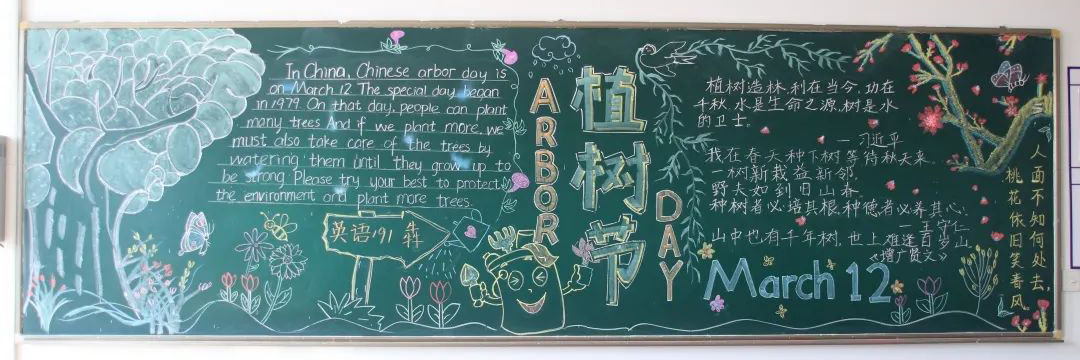 步骤7：本班将板报名字取作“犇”，“犇”同“奔”，意在在新的一年里，英语191能勇敢地向前冲。三个牛字叠在一起，寓意我们在牛年能牛气冲天。板报内容中英结合，是将我们的专业精神糅在其中。主色调以绿色为主，将我们想传达的“绿色生态”的植树节主题表现无遗。