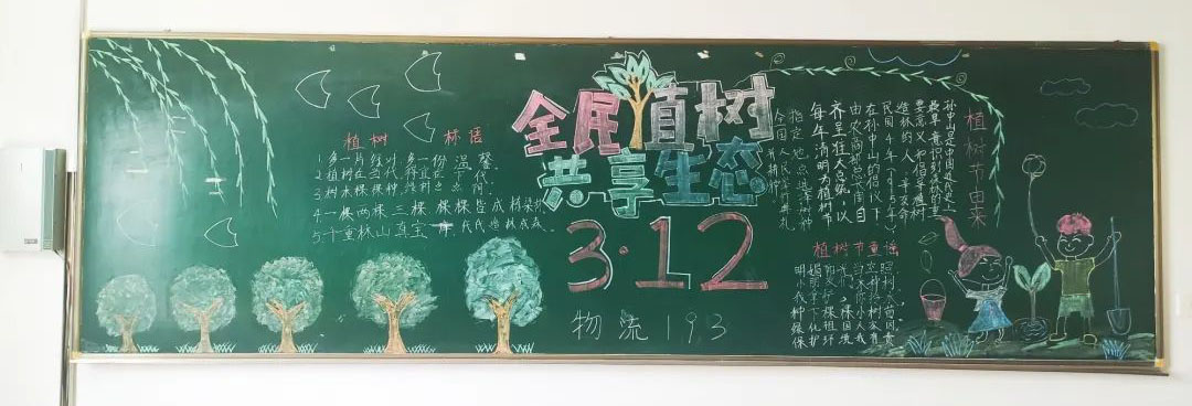 步骤1：在3月12日的植树节到来之际，我们用画黑板报的形式来呼吁大家跟我们一起保护环境，我们的主题是“全民植树共享生态”。用植树的小朋友和逐渐变大的树，来表示人们对于保护环境的一个态度和行动力。以及一些关于植树的介绍，来丰富我们的内容。