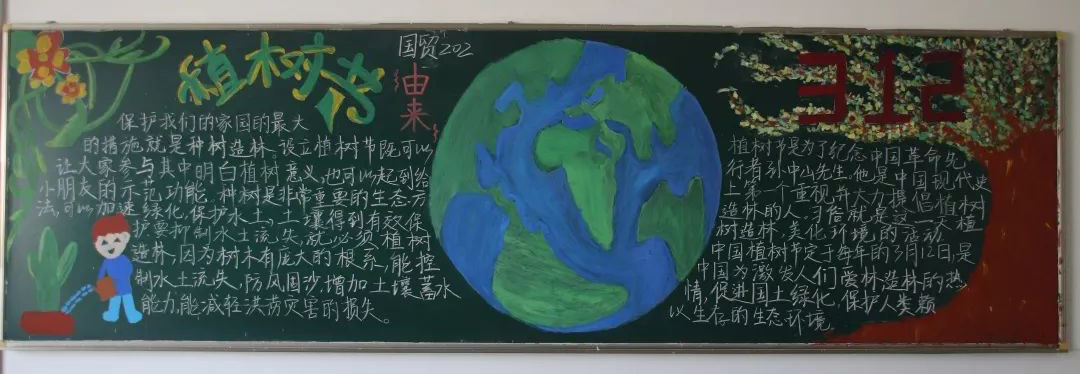 步骤4：我们这个黑板报主要有三个部分组成。首先，最明显的一个就是我们的地球。辽阔的草原，一望无际的大海，地球在我们的努力下，变得越来越好。左边的小孩正在种树是代表着大家全民义务植树，人人动手绿化祖国大地。312植树节，改造自然，造福人类，年年植树，表示我们坚韧不拔的决心。最后形成了我们右边的茂盛大树。