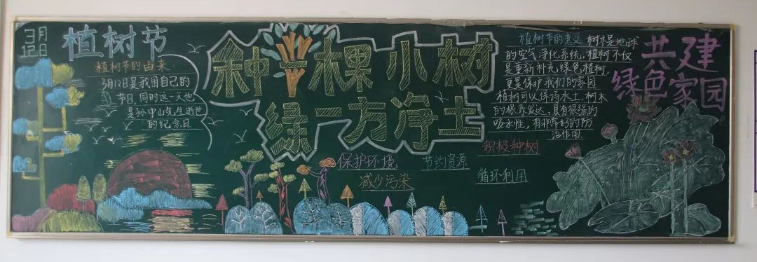 步骤5：我们的黑板报以环保色为主，我们所画的树形，表示全民义务植人人动手，绿化祖国大地，植树节3.12表示改造自然，造福人类，年年植树，坚韧不拔的决心。太阳照射对树木的成长有着很好的帮助，有了太阳的光照才能让万物复苏，黑板报的总体意义就是呼吁大家爱护环境，从我们身边做起，让世界更加美好。