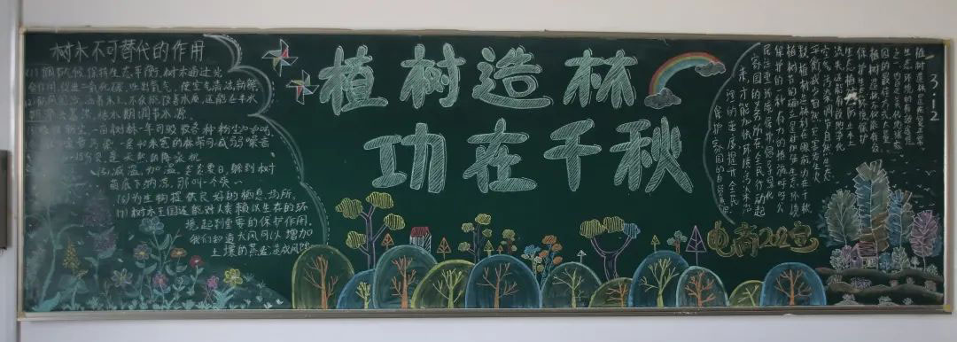 步骤1：我们本次黑板报的主题是“植树造林，功在千秋”。主要介绍了植树造林的重要性，和树木不可替代的作用。左右两侧用了绿植插画衬托主题，山丘上的小房子寓意是：只有生态环境变好，我们才能在大自然的庇护下更好的生活，才能看见彩虹。绿化大地，保护自然生态环境是每个社会公民的义务，责无旁贷，必须履行。植树是对加强生态环境保护的一种有力措施。呼吁公民注重环境保护，倡导绿化家园的义务所在。