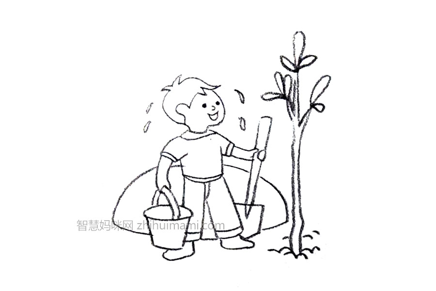 步骤4：画出树木、树丛和汗水