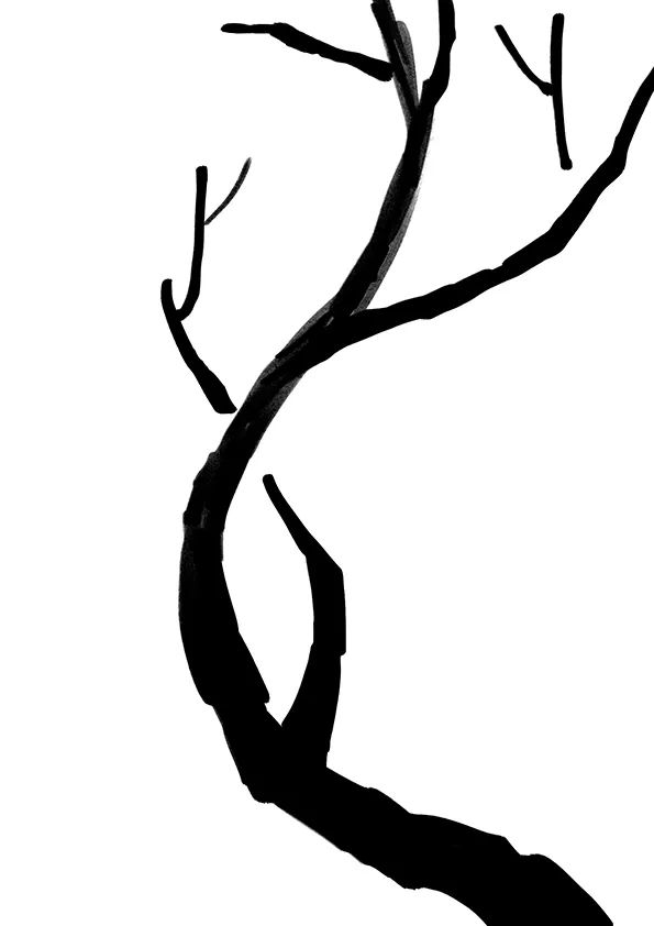 步骤1：首先我们用黑色勾线笔或马克笔绘制出梅树的枝干。