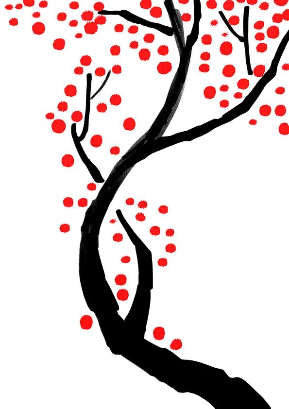 步骤2：然后，我们用红色颜料或马克笔，点绘出梅花盛开的景象，注意梅花分布的疏密节奏。