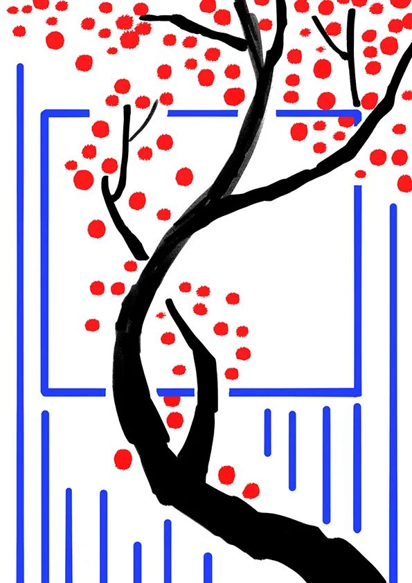 步骤3：接下来我们用蓝色马克笔围绕梅花绘制一些垂直方向的线条，作为画面的补充元素，丰富构图和色彩，至此画面基本完成。