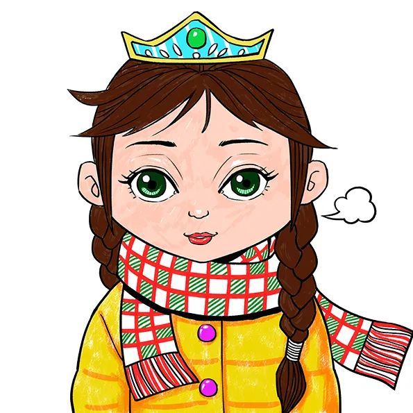 步骤3：线稿确定后，我们用马克笔和油画棒对画面的各个部分进行上色，服饰的颜色及图案可以根据自己的喜好自行选择。