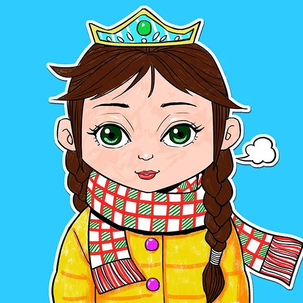 步骤4：上色完成后，我们用剪刀把人物剪下（保留一定的白边），并将人物粘贴到正方形的蓝色硬卡纸上。