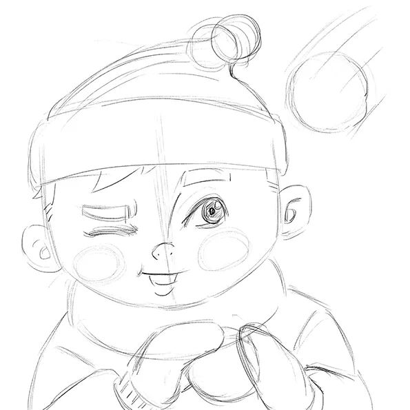 步骤1：首先我们用铅笔勾勒出男孩的草图。男孩的造型和表情可以更加活泼，动感。
