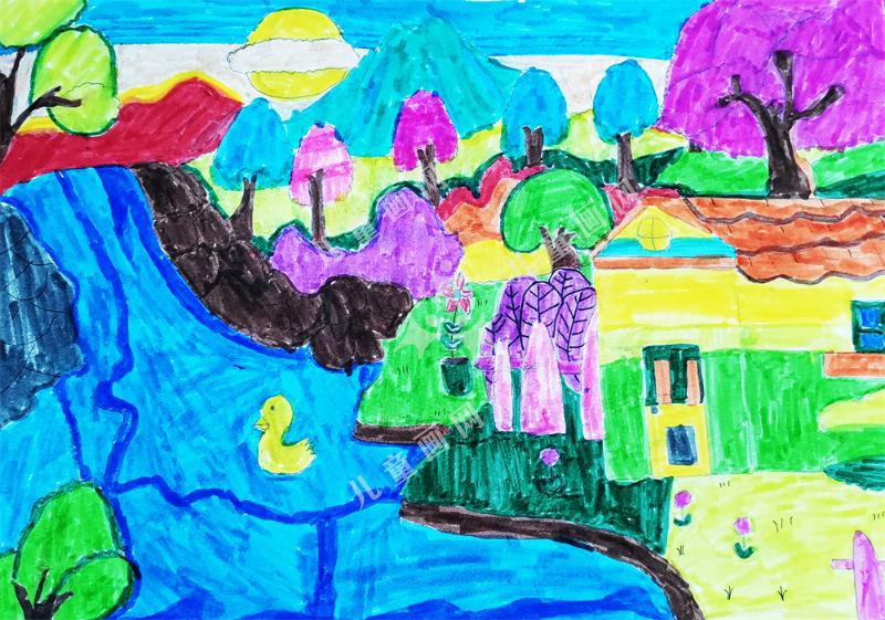 静谧乡村儿童创意风景画