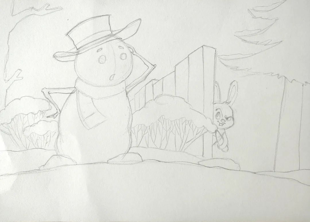 步骤1：首先我们采用横向构图，用铅笔勾勒草图。注意雪人的动态和表情，以及创造适合小兔隐藏的环境。