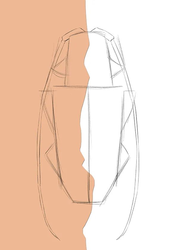 步骤2：接下来我们用铅笔勾勒出天牛的基本形，这个步骤不要在意细节，更多地关注基本形和比例。