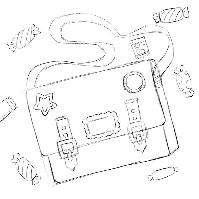 步骤1：首先我们用铅笔在正方形画纸上画出包包的草图，然后在包的旁边画上自己喜欢的东西，这里选择的是糖果。