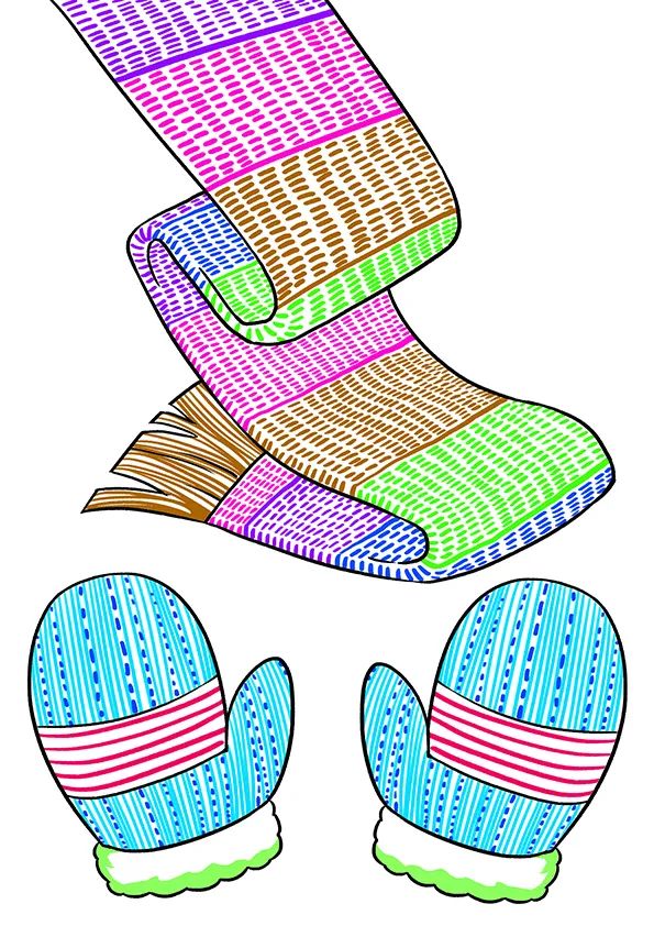 步骤3：有了线稿，接下来就是给画面的主体物进行上色。用马克笔给画面涂上你喜欢的颜色吧。自己也当一回围脖、手套设计师。