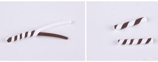 步骤8：然后用咖啡色和白色粘土揉成细条，缠到一起做成巧克力棒。