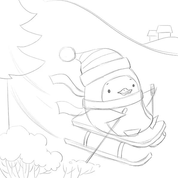 步骤1：首先我们在正方形画纸上用铅笔勾勒出画面的各个元素。注意各个元素的基本形状，用简单的图形，构建完整生动的画面。