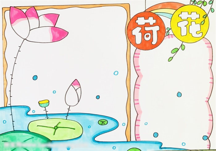 步骤4：然后用橙色和黄色涂一下字体下的底纹，字体旁边的彩虹和柳枝用相应的颜色涂。