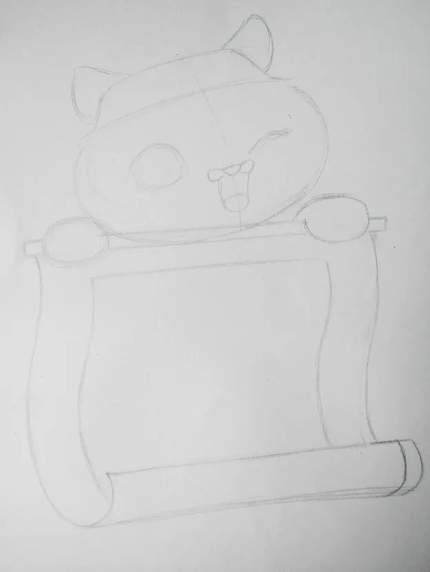 步骤1：首先我们用铅笔在画纸上勾勒出卡通老虎手持画卷的基本形态。