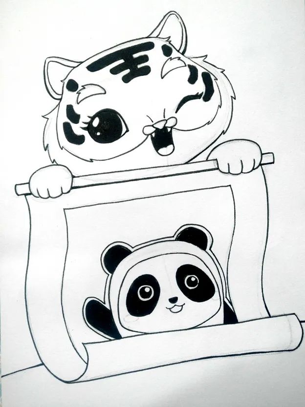 步骤3：然后我们在铅笔稿基础上，用勾线笔对画面进行勾线。