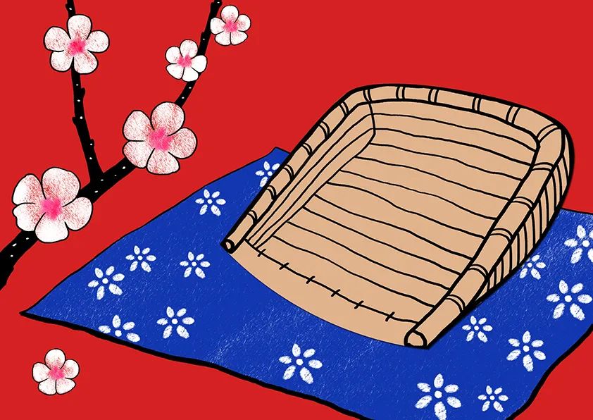 步骤3：这一步我们在画面右侧画出一枝杏花，同时，在之前画好的蓝布上装饰花朵图案。