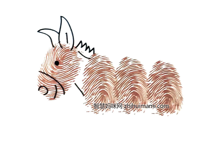 步骤3：画上眼睛、鼻子、嘴巴、缰绳，还有头顶上的一对长耳朵。