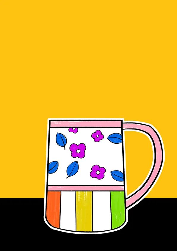 步骤4：这个步骤我们将画好的杯子剪下（留白边），然后将其粘贴到提前准备好的黄卡纸上（黄卡纸的下方，粘贴一条黑卡纸，丰富画面层次）。