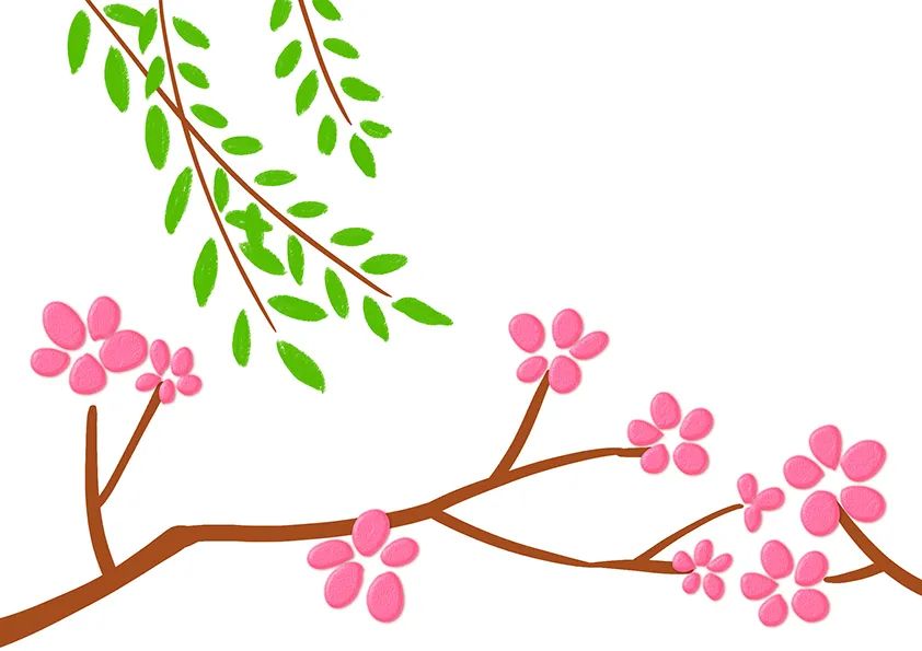 步骤2：接着我们用绿色油画棒画出柳条的叶子，并用粉色轻粘土做成桃花状，粘贴到枝头。