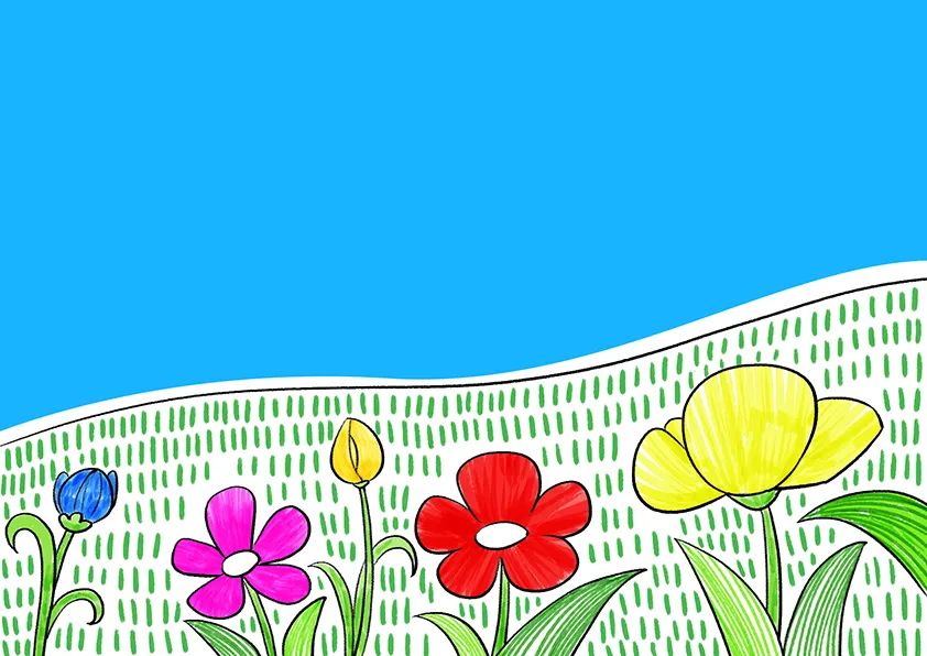 步骤3：然后用马克笔给花草涂上颜色，并将这些花草作为一个整体剪下，粘贴到蓝色硬卡纸上。