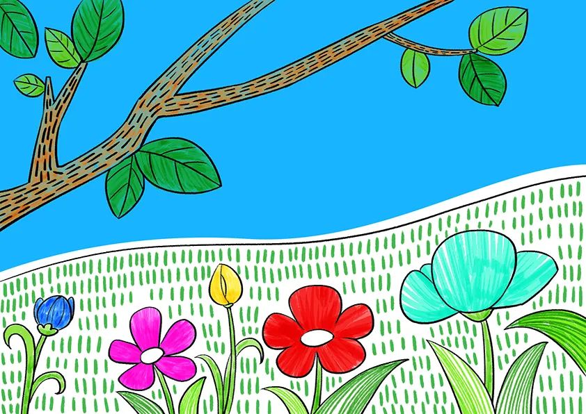 步骤4：在蓝色卡纸上用勾线笔和油画棒绘制一个树枝，画几片叶子。