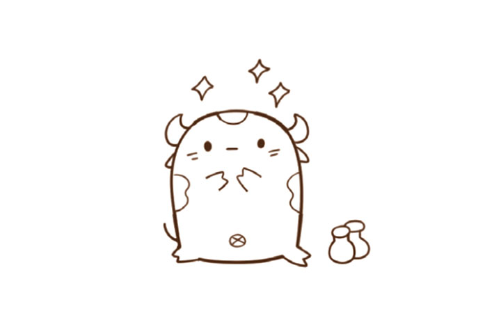 步骤4：画出牛角、耳朵、尾巴和奶瓶、星星。