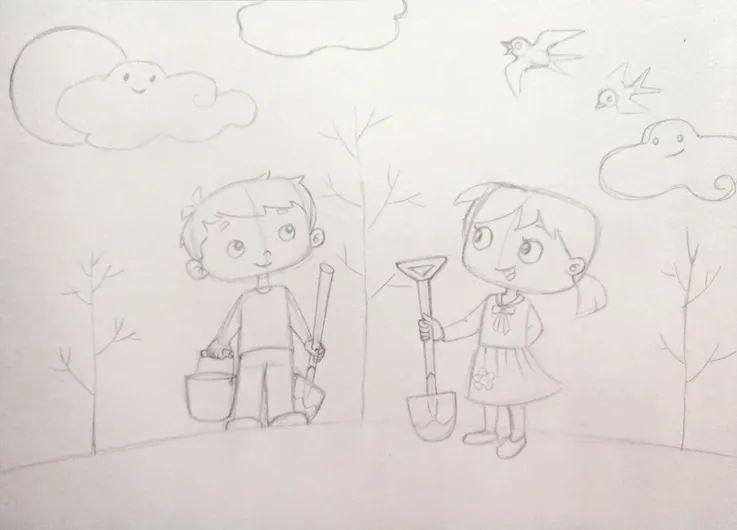 步骤2：接着我们继续绘制精细草图，主要是完善人物的细节和道具。