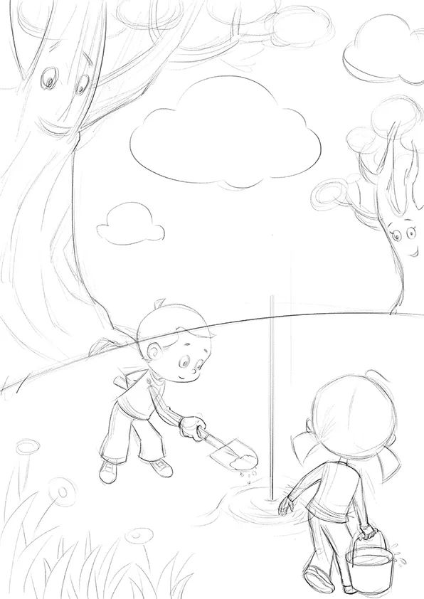 步骤2：继续用铅笔补充画面元素，丰富各元素细节，为勾线做准备。