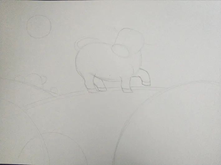 步骤1：首先我们采用横向构图，用铅笔轻轻勾勒出，植物，草地和小花牛的基本形，并调整位置和大小。