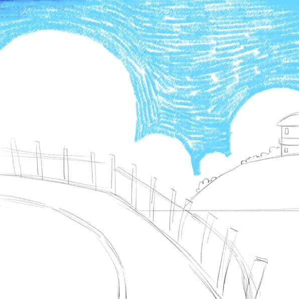 步骤2：接着我们用蓝色油画棒绘制蓝天，注意笔触方向的转变。在此之前可以把相关的铅笔稿轻轻擦拭掉。