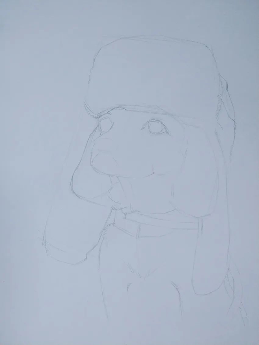 步骤1：用铅笔找构图和基本形，探索画面的基本布局和狗的基本比例、动态。