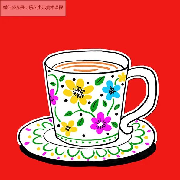 步骤3：接着我们把画好的茶具剪下并粘贴到红色卡纸上。