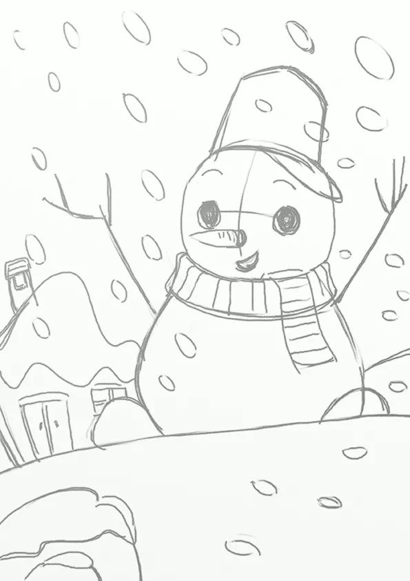步骤6：画出周围风景的草图，完善画面的构图。飘动的雪花通常具有很好的装饰感。