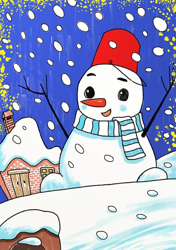 夜空下的小雪人创意画