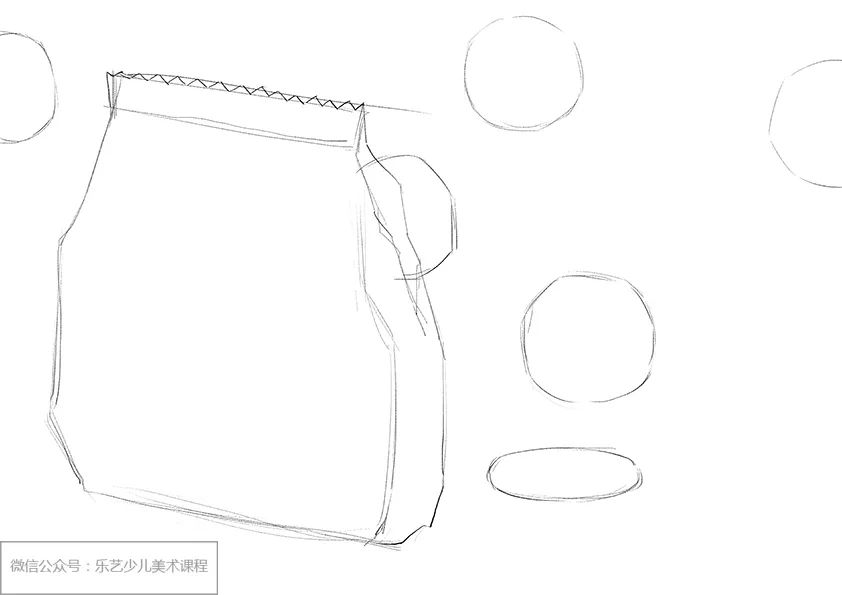步骤1：首先我们用铅笔画出饼干袋子和饼干的轮廓草图。