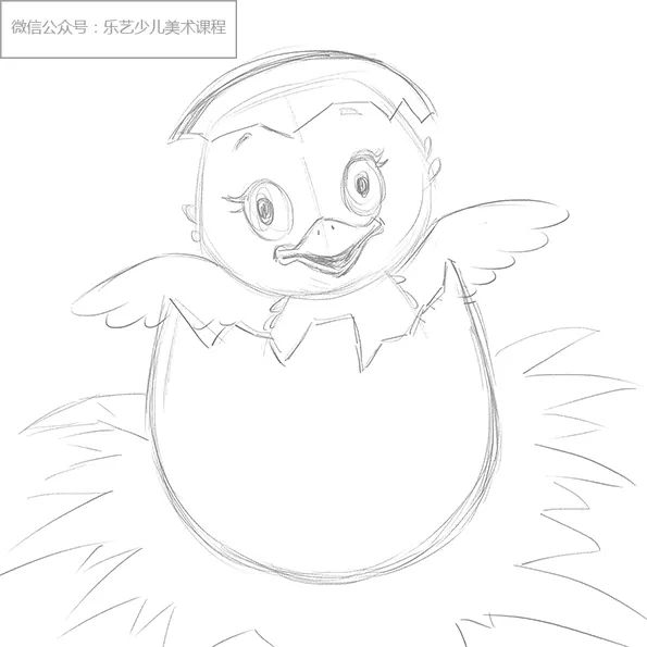 步骤1：首先我们准备一张正方形的画纸，并在其中绘制小鸭破壳的草图。